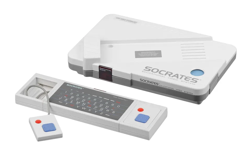 The VTech Socrates educational console with its keyboard and controllers.