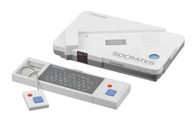 The VTech Socrates educational console with its keyboard and controllers.